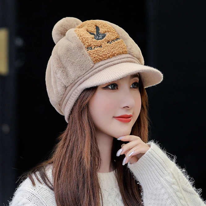 Autumn Winter Women Hat Korean Student Duck Tongue Hat Lovely Warm New Plush Octagonal Hat Fashion Flocking Printing Black