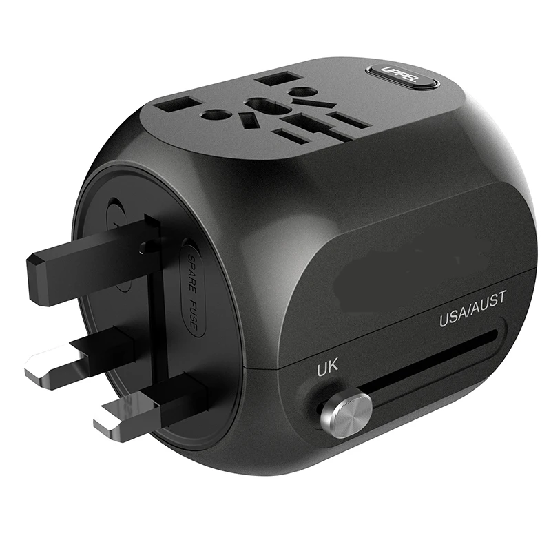 Universal EU US AU & UK All in One Travel Adapter Kit with Multi-port Quick Charger 3.0 USB Type C Max 30W/6000mAh Dual Fuse