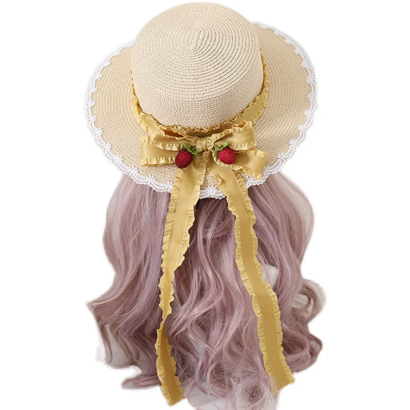 Bowknot Wide Brim Straw Hat Mori Style Berry Bow Sunhat Lo Niang Pastoral Style Lolita Hat image 5