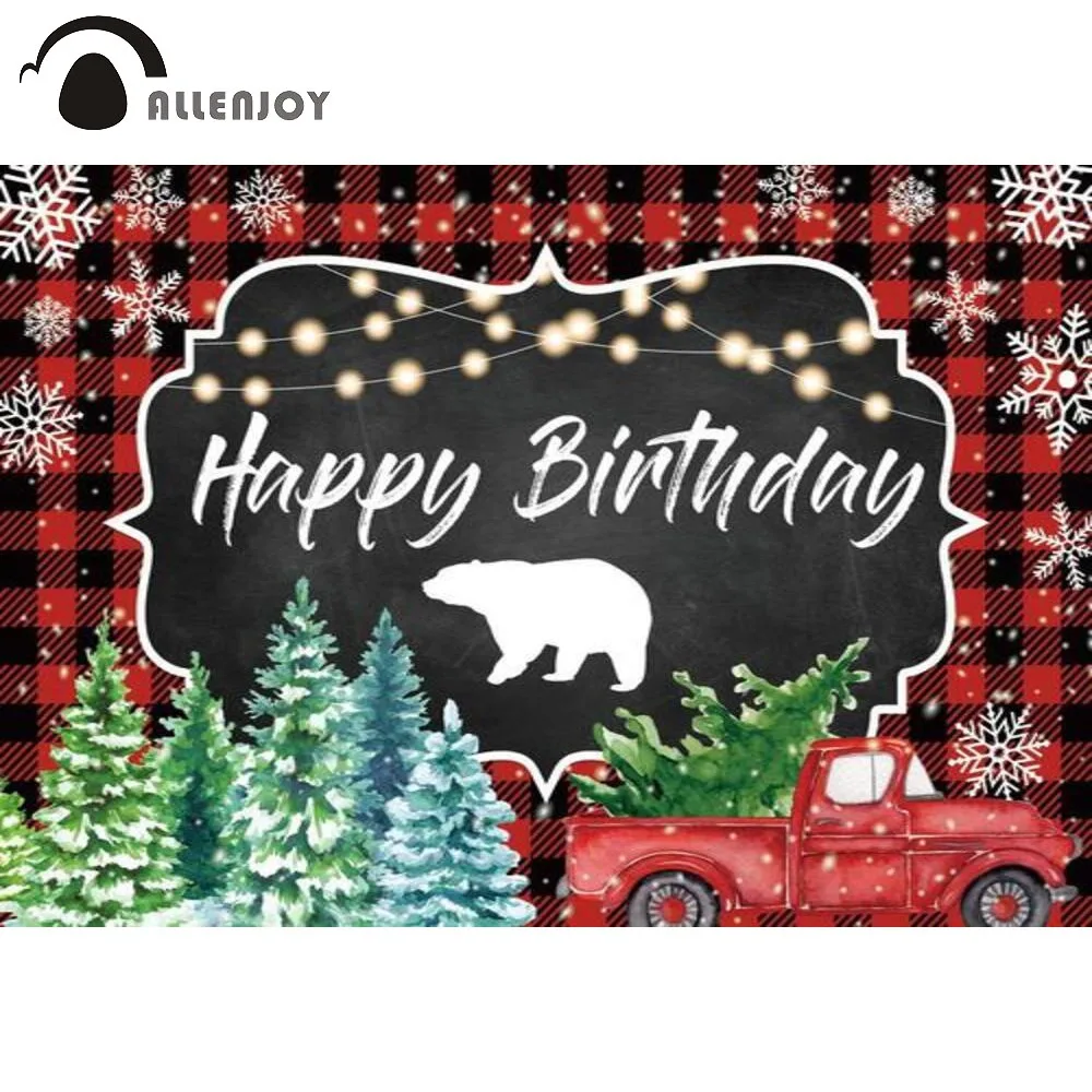 Allenjoy Birthday Party Background Welcome Baby Shower Bear Winter Snowflake Lattice Dots Lights Trees Car Photophone Backdrop