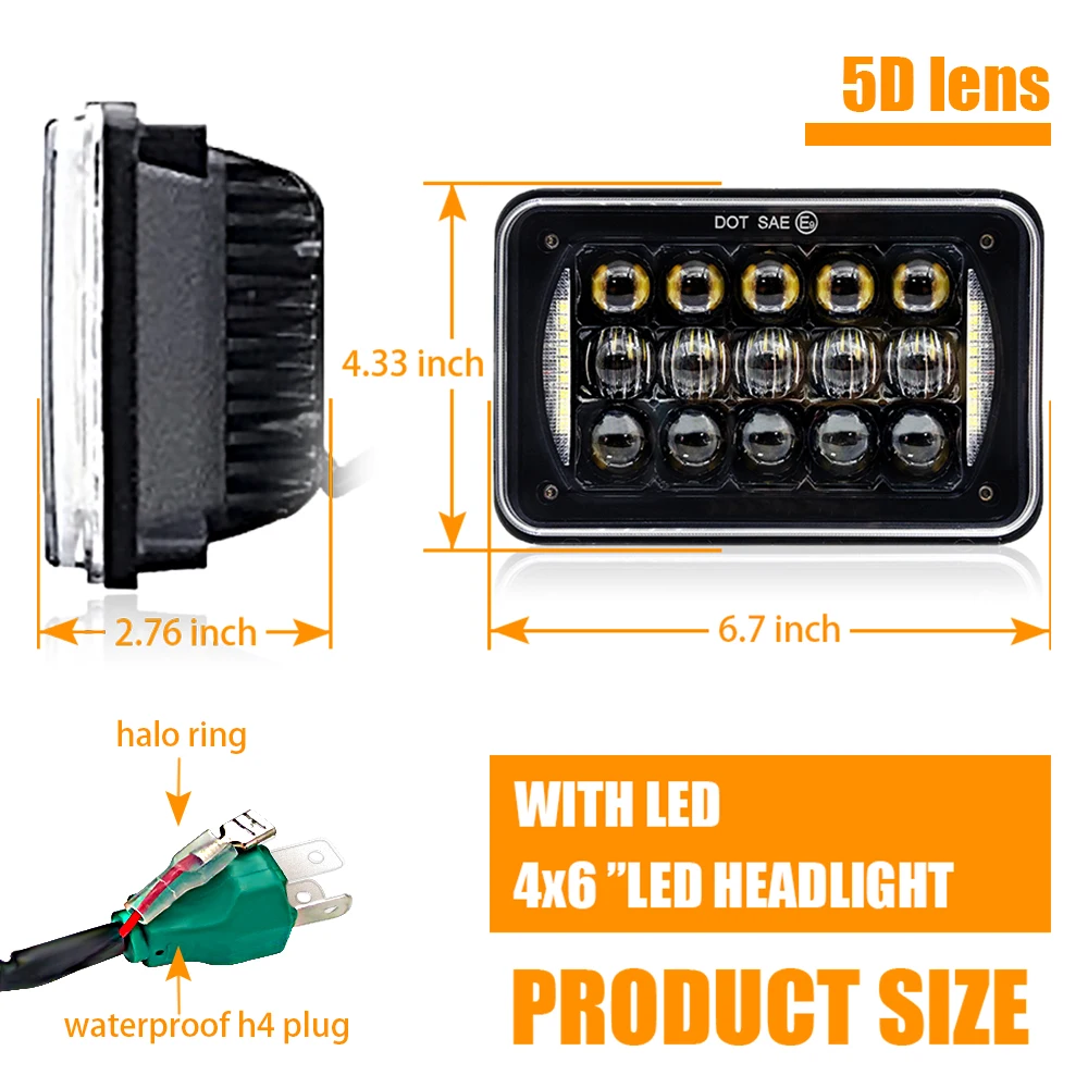 

Прямоугольные светодиодные фары для грузовиков, 2 шт., квадратные фары 4x6 дюймов, H4, с ДХО и ближним и дальним светом, фары, проекторы для Peterbilt 379, 378, 357