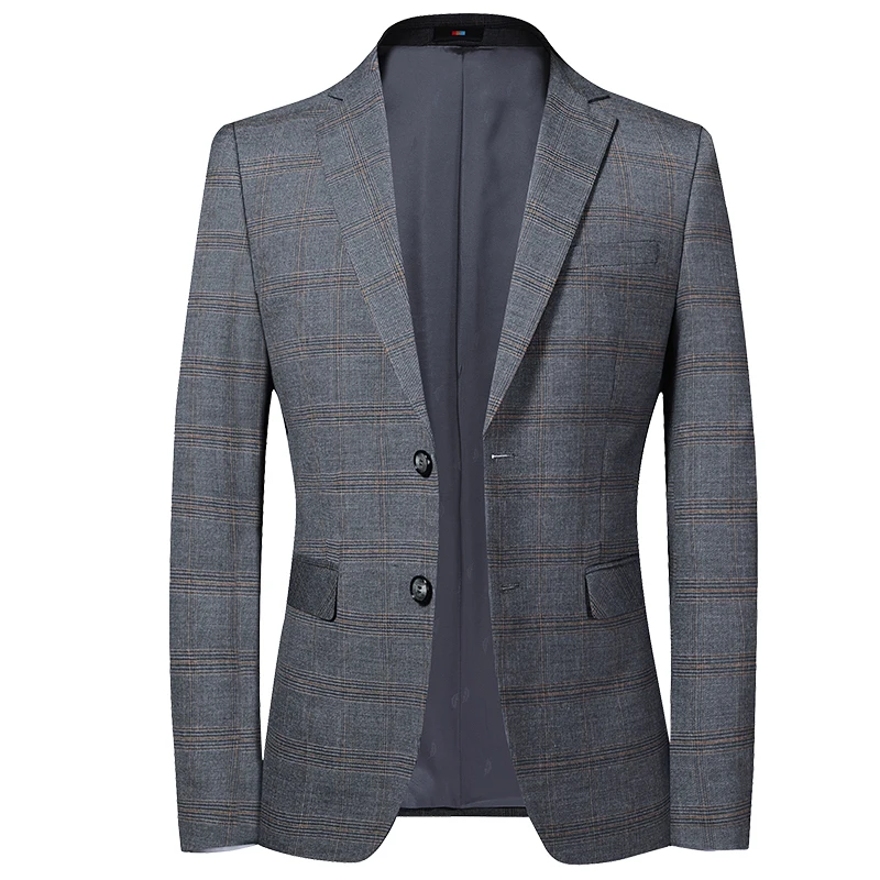 

Brand Men Blazer Personality Wild Men's Suit Jacket High Quality Fashion Gray Plaid Slim Fit Blazer Coat Male