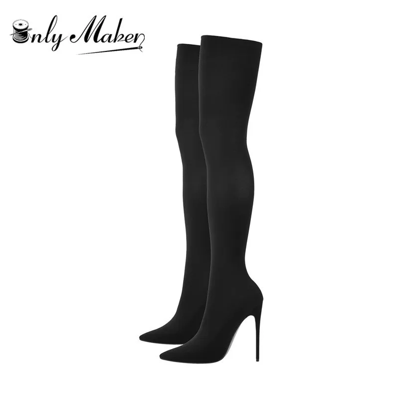 Onlymaker Women  12cm High Heel Pointy Toe Stiletto Stretch Sock Boots Over The Knee Stockings Bootie Pumps Plus Size