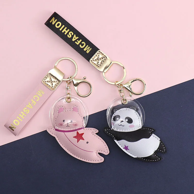 Cute Space Fashion PU Leather Kitten Shiba Inu Panda Frog Astronaut Keychain Lovely Bag Pendant Gift For kids Girls Key Ring