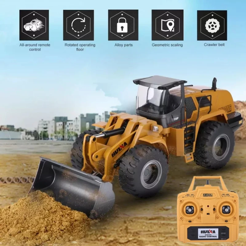 การจําลองที่สมจริงรีโมทคอนโทรลการก่อสร้างรถบรรทุกมัลติฟังก์ชั่นวัสดุ LED Light 2.4G RC Bulldozer ของเล่นเด็ก