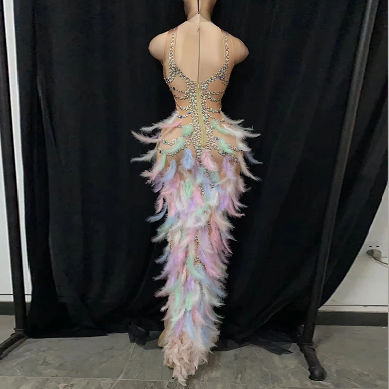 Multi-color Sequin Rhinestone pearl Long Dress slit birthday Party rainbow Feathers Singer club Women Stage Performance Clothes