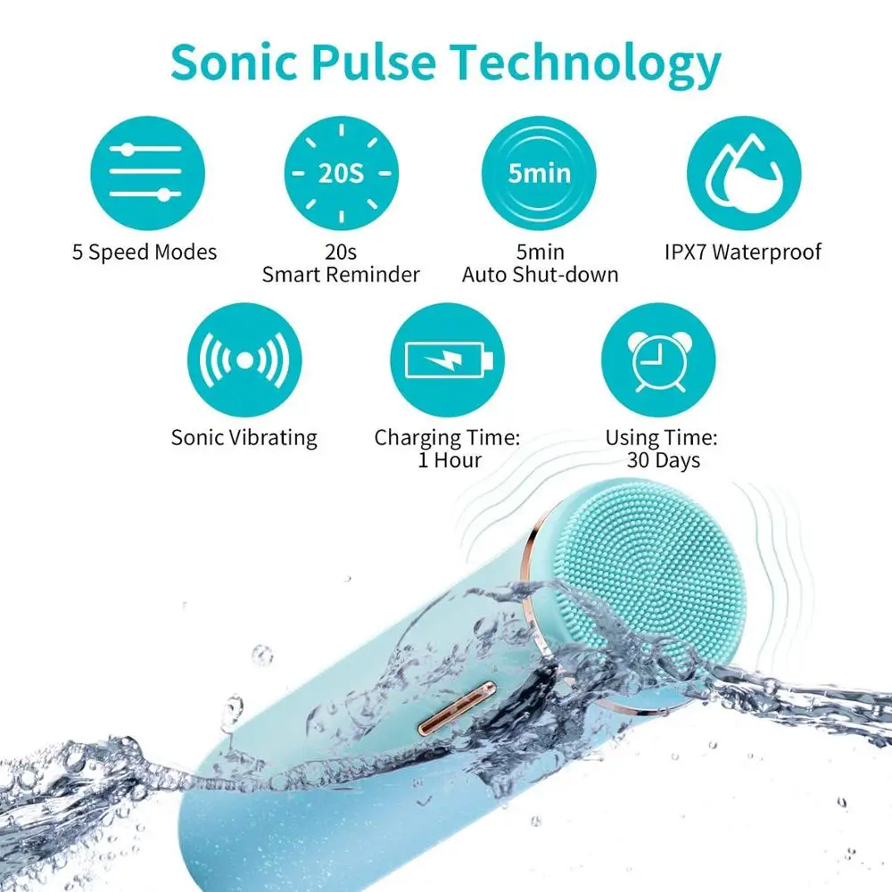 Sonic Facial Cleansing Brush Vibrating Face Scrubber 5 Speed Modes IPX7 Waterproof Rechargeable Deep Cleaning for All Skins Type