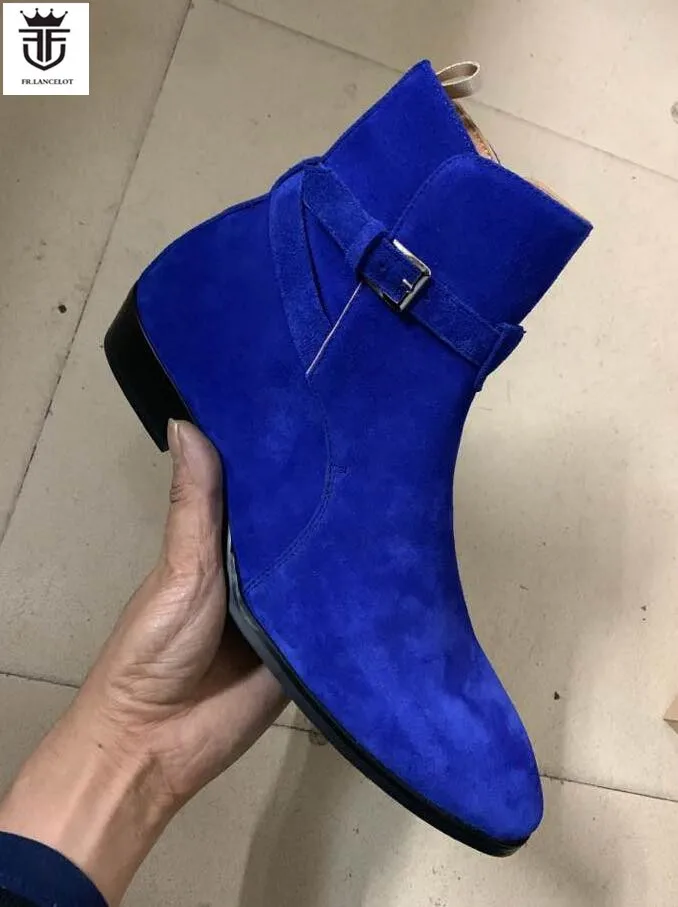 FR.LANCELOT 2020 New Chelsea boot royal blue suede boots point toe buckle ankle boots sliver buckle mujer botas party shoes men