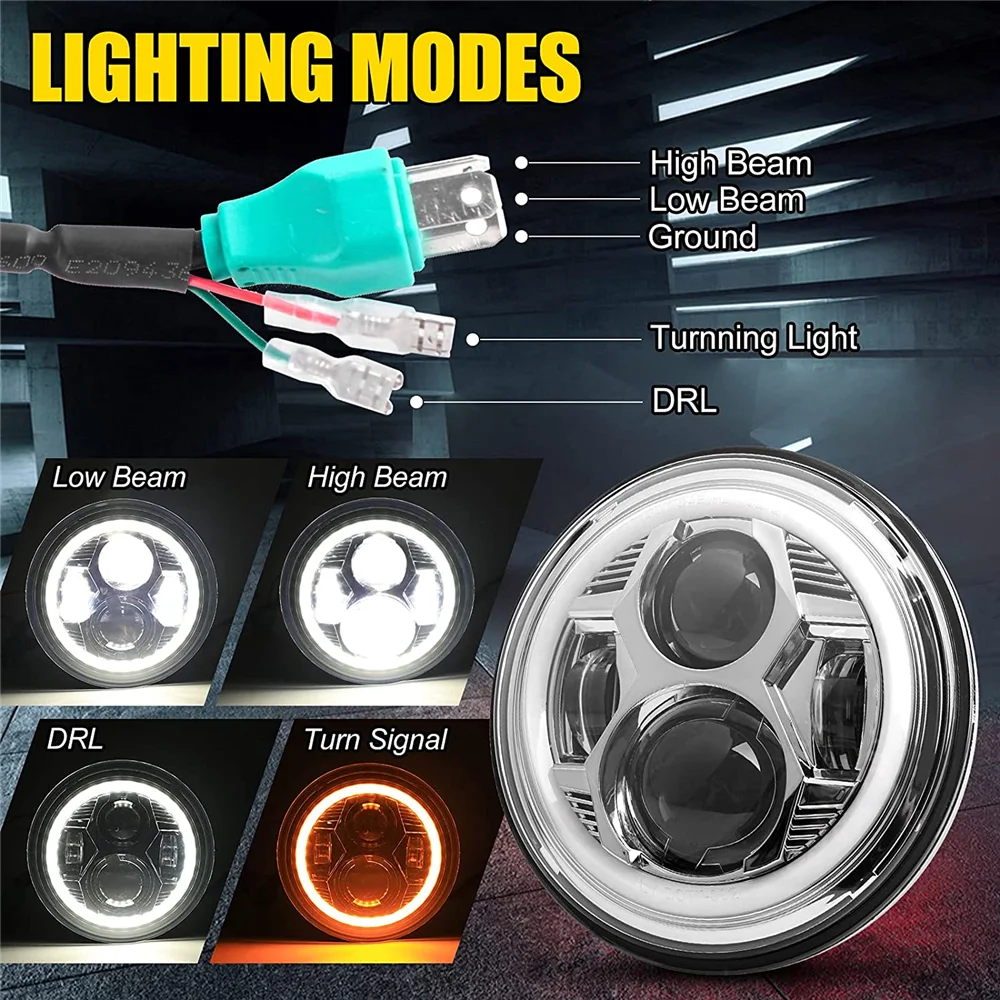 7" Inch H4 LED Moto Headlight Round For 93-08 Ducati Monster 1000 600 Halo Ring Amver For JeepJK TJ Touring Lada 4x4 Yamaha Niva view 2