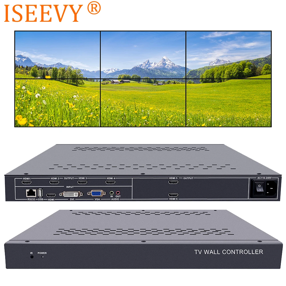 ISEEVY 6 Channel Video Wall Controller 2x3 3x2 HDMI DVI VGA USB Video Processor with RS232 Control for 6 TV Splicing