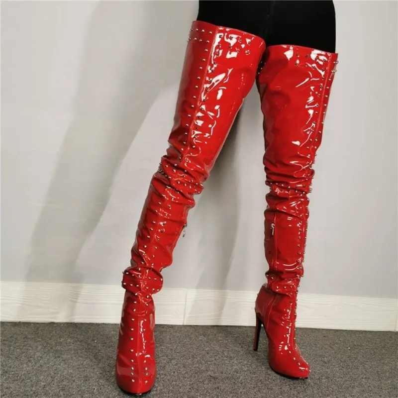 Ladies Hot red Rivet Ornament Sexy Long Thigh Boots Big Size Women Shoes Wholesale High Heel Over The Knee Boots