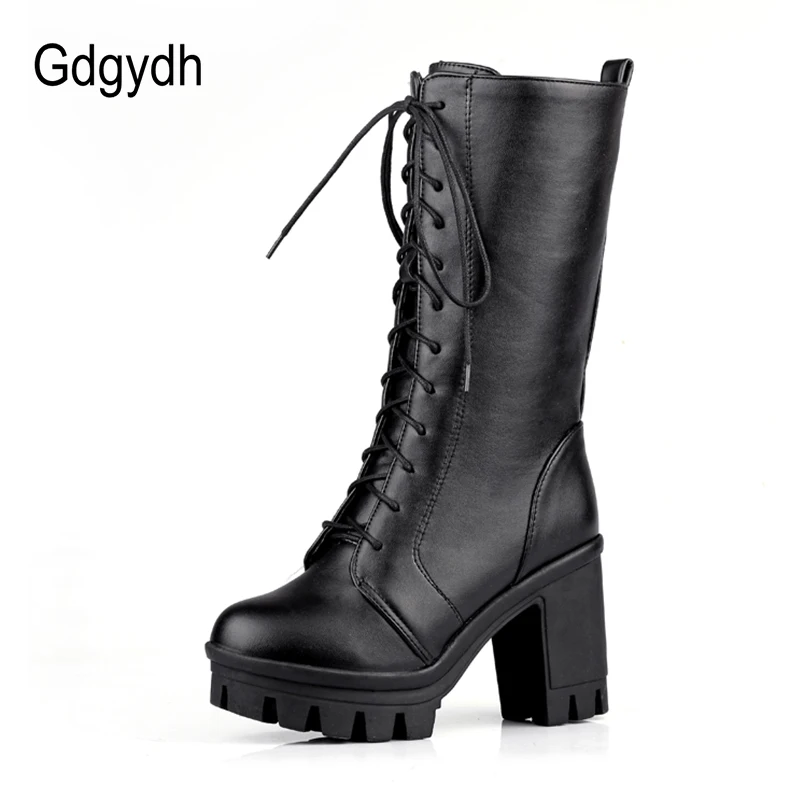 Gdgydh 2022 Hot Sale Spring Autumn Lacing Mid Calf Boots Women Fashion White Square Heels Woman Mortorcycle Boot Plus Size 34-43