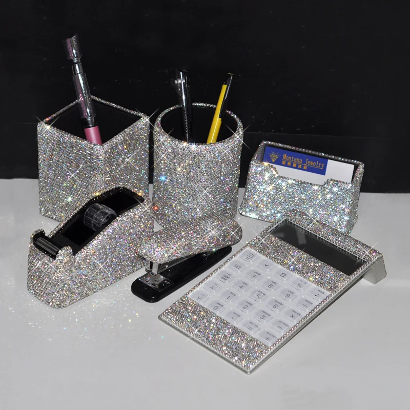 Diamond Crystal Pen Holder Business Card Office Set Supplies High-end Creative Calculator Stapler Desktop Jewelry Decoration