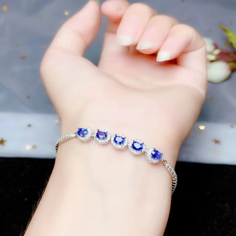 

fashion blue sapphire gemstone bracelet for women silver fine jewelry certified natural gem classic blue color 925 silver gift