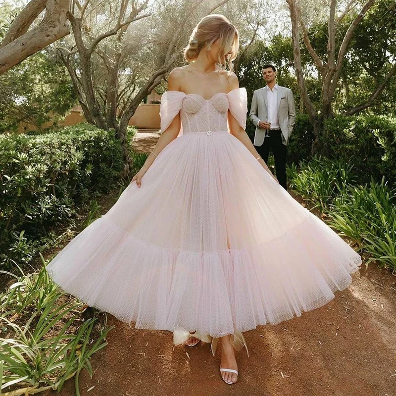 Sodigne Roze Dot Tulle Prom Dress 2023 Sweetheart Korte Mouwen Avondjurken Thee-Lengte A-lijn Partij Jurken Voor Vrouwen