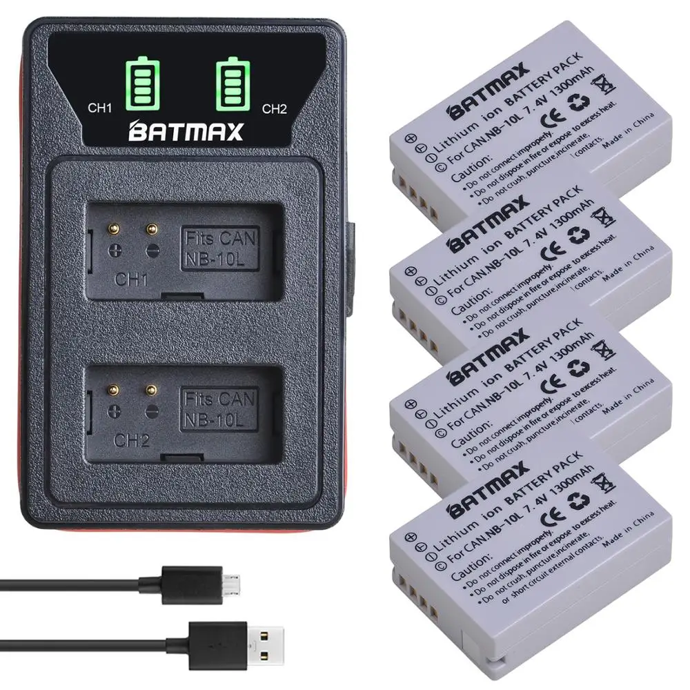 Batmax NB-10L NB10L Battery+LED Dual Charger with Type C Port for Canon G1X G15 G16 SX40HS SX50HS SX60HS SX40 SX50