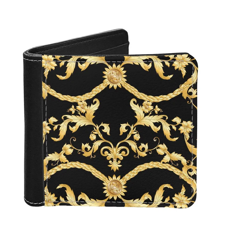 Noisydesigns Luxury Golden Europe Floral Mens Wallet PU Leather Travel Money Bags For Boys Small Black Coin Purse  Dropshipping