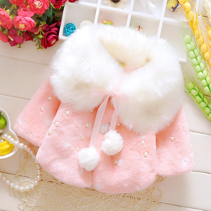 Baby girl clothes 0-3Y winter coat thick warm wool fur coat girl wool sweater coat pearl princess coat Kids Cute Coat Clothes