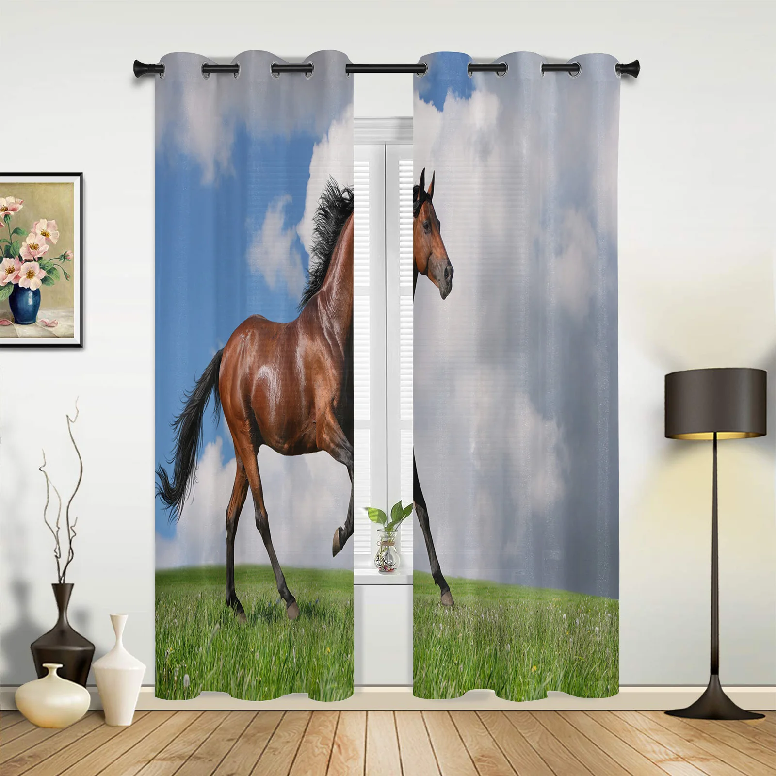 Horses Sky Meadow Kitchen Curtain Kids Bedroom Living Room Balcony French Windows Curtain Fabric Pergola Bathroom