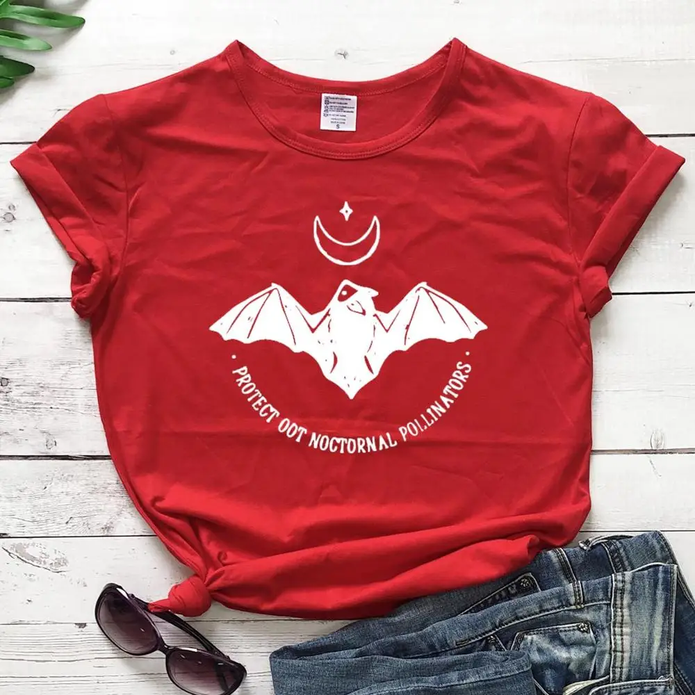 Protect Our Nocturnal Pollinators T-Shirt Women Graphic Casual 100% Cotton Star Moon Bat Printed Tops art Tees shirts