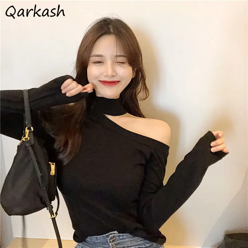 Long Sleeve T-shirts Women Solid Slim Spring Design Off Shoulder Fashion Soft All-match Sexy Ladies Popular Knitted Tops Femme