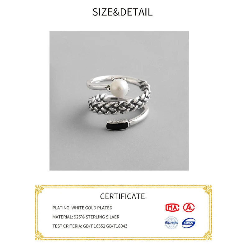 Real 925 sterling silver rings for women pearl chain black zircon Trendy fine Jewelry Large Adjustable Antique Rings Anillos