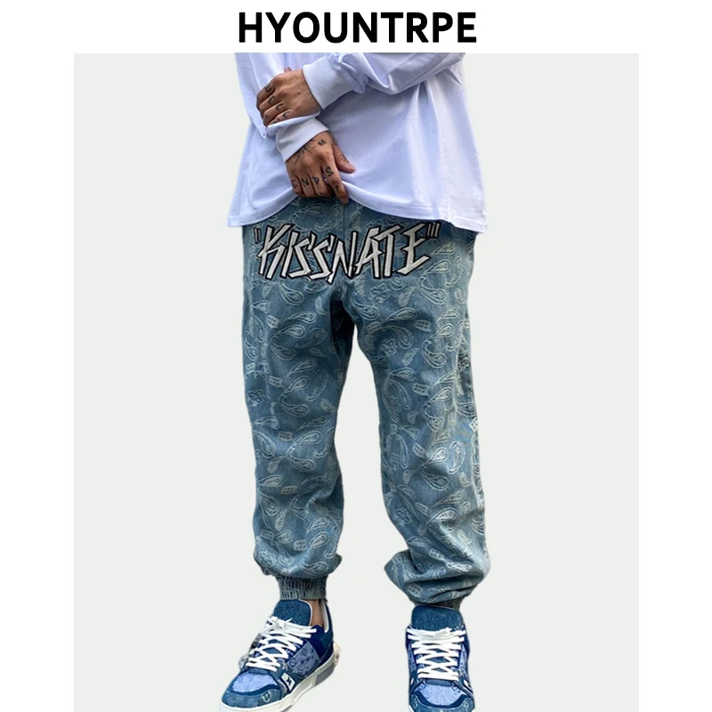 

Hip Hop Loose Fit Elastic Waist Pants Fashion Embroidery Denim Ankle Pants Mens New Casual Drewstring Sportwear Pants Joggers