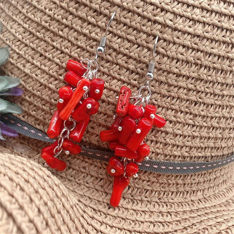 Boho Irregular Red Coral Stone Dangle Earrings for Women Original Design Handmade Hook Earrings Gifts Brinco Jewelry Accessories