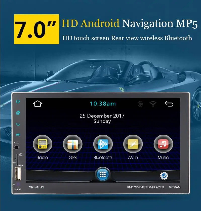 Car Radio 2DIN 7 Inch Android Navigation GPS FM Stereo HD Support USB U Disk AUX Audio Input Touch Screen MP5 Wireless Bluetooth