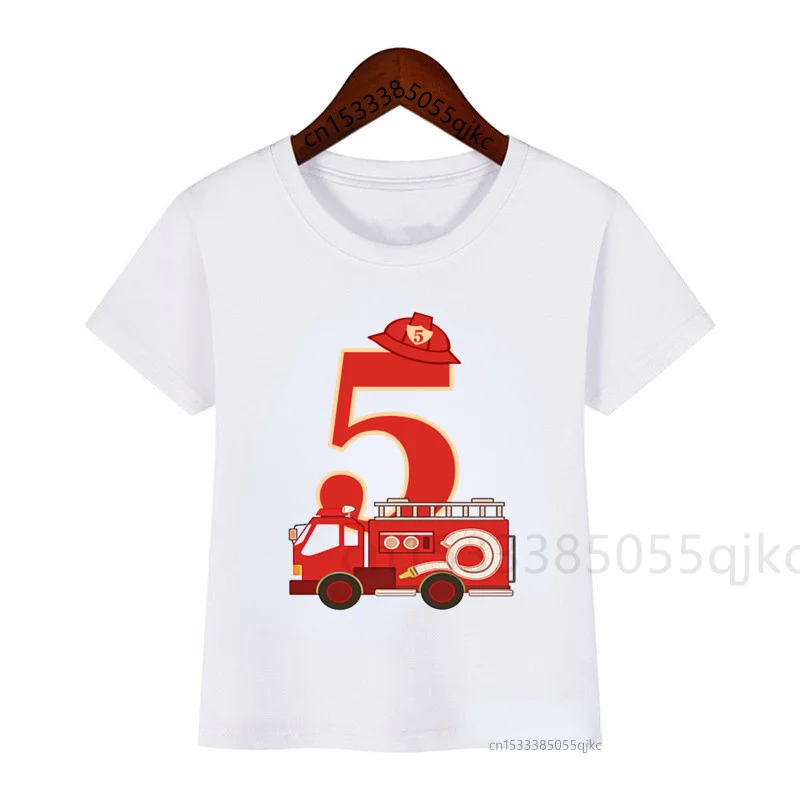 Numbers 1-9 Children\'s Cartoon Fire Engine Birthday Number T-shirt Boy Girl Firefighter T-shirt White T-shirt Cute Funny T-shirt