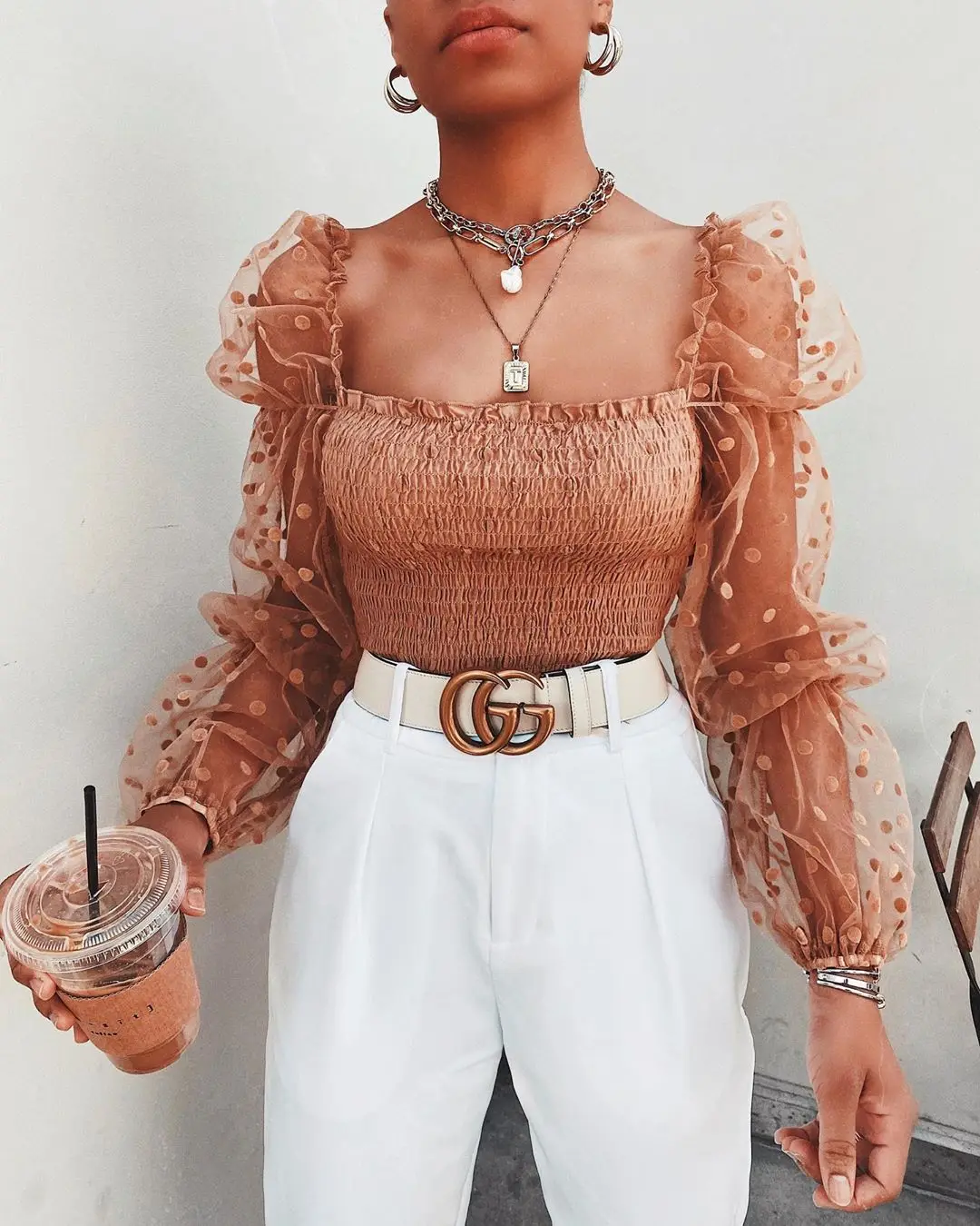 Women Mesh Sheer Blouse Chiffon See-through Long Sleeve Top Shirt Blouse Fashion Organza Transparent White Shirt Female Blusas