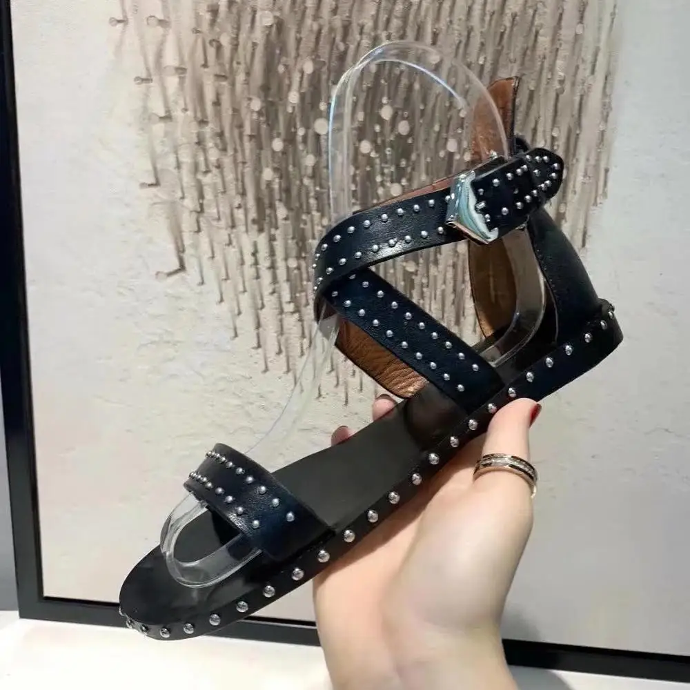 Black Leather Rivet Flat With Sandals Ankle Buckle Round Toe Cover Heel Summer Dress Women Shoes Studded Genuine Leather