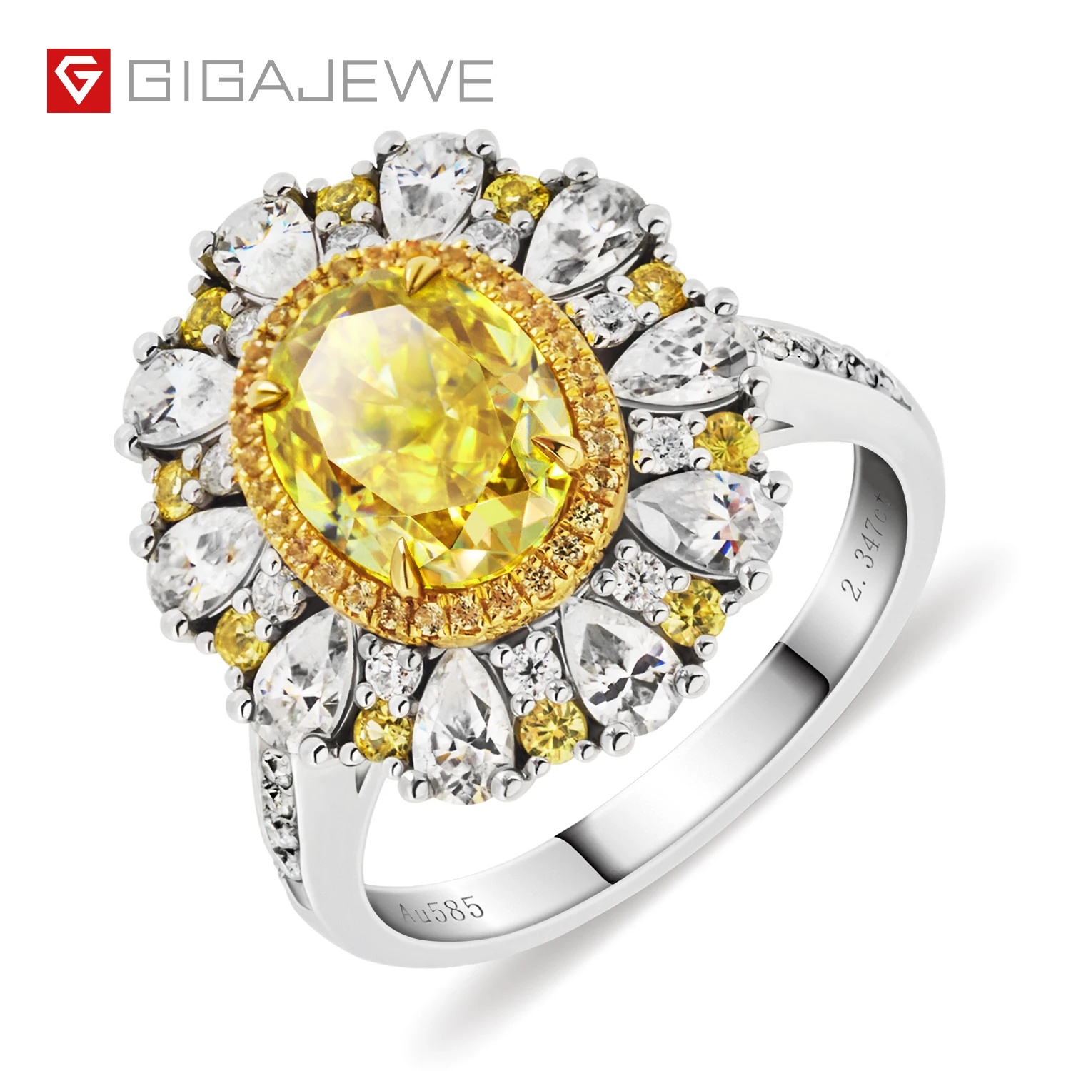 GIGAJEWE Customized Total 3.5ct 7X9mm Vivid Yellow Color Crushed Oval Cut Moissanite VVS1 18K White Gold Ring Jewelry Girl Gift