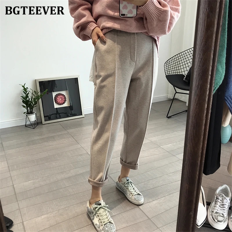 BGTEEVER Plus Size Thicken Warm Women Harem Pants Autumn Winter High Waist Female Woolen Pants Ladies Trousers pantalon 2020