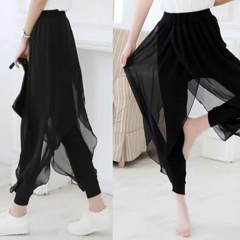 Fashion Summer Women Chiffon Split Flared Skirt Pants Palazzo Boho Wide Leg Loose Trousers Harajuku Pants