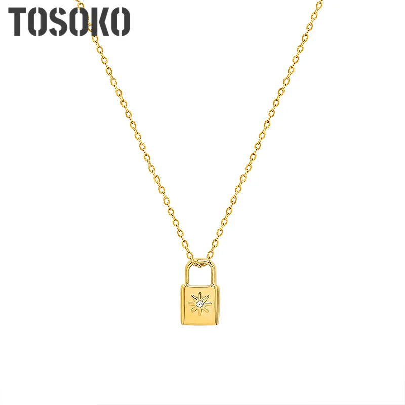 

TOSOKO Stainless Steel Jewelry Lock Pendant Zircon Necklace Women's Simple Fashion Clavicle Chain BSP924