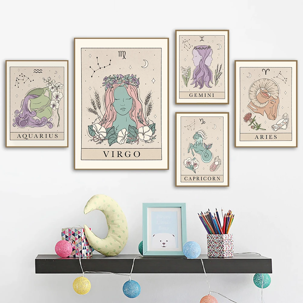 Bohemian Zodiac Art Print Canvas Tarot Cards Inspired Astrology Virgo Aquarius Gemini Witch Poster Pictures Bed Room Wall Decor