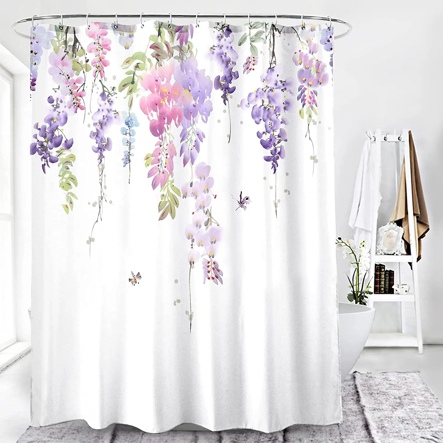 Floral Shower Curtain Watercolor Purple Wisteria Flowers Butterfly Botanical Leaf Fabric Polyester Bathroom Decor Curtains Set