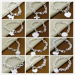 New 925 Sterling Silver Bracelet Heart Card Round Card Lock Pendant Bracelet Lobster Clasp DIY Chain For Women Men' Jewelry Gif