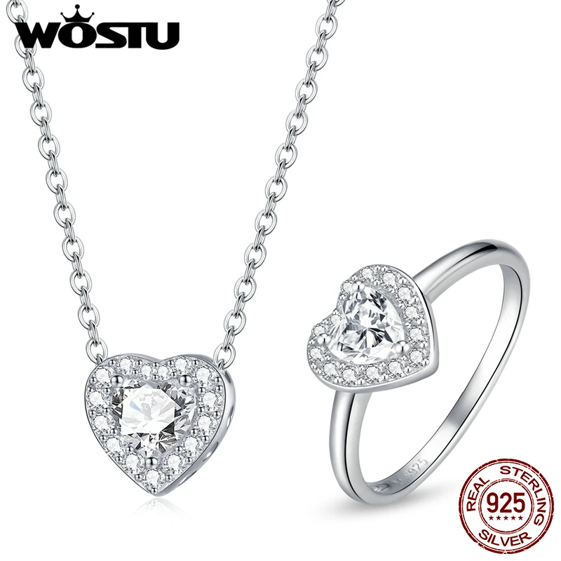 WOSTU S925 Sterling Silver Elegant Shiny Heart Zircon Ring & Necklace Jewelry Sets For Women Love Fashion Jewelry S231