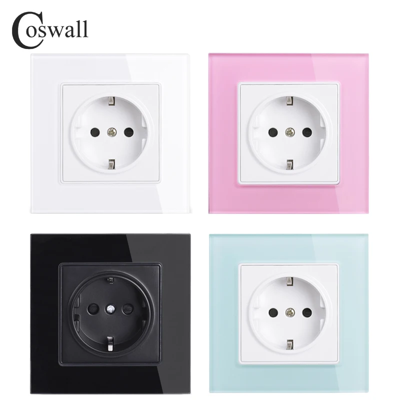 Coswall Wall Tempered Glass Panel Power Socket Grounded 16A EU Russia Spain Outlet With Children Protective Lock