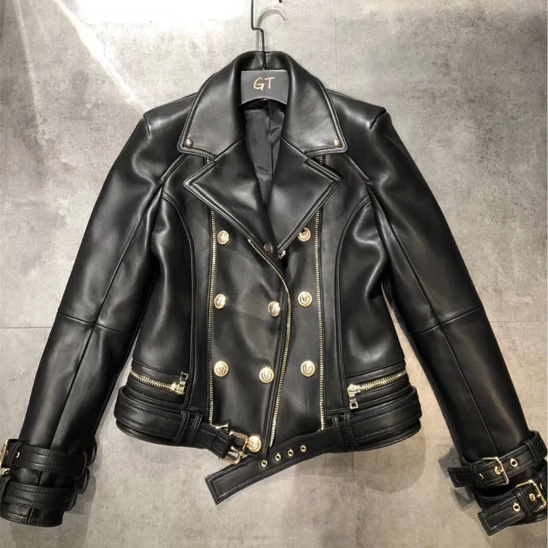 Real Leather Jacket Natural Sheepskin Women Motorcycle Biker Coat Black White Genuine Leather Vintage Outwear Female Plus Size