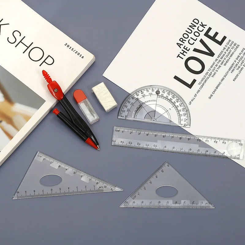 School Study Tool Kit Ruler Compasses  Portable School Math Geometry Set Protractor Drawing Compass Ruler Pencil Essentials Math