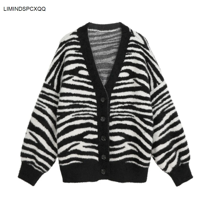 Women Sweater Jacket 2023 Oversized Knitted Cardigans V-neck Loose Vintage Zebra Print Jumpers Long Sleeve Elegant Female Coat