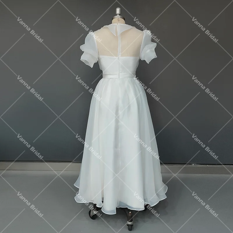 Organza Kurze Bischof Ärmeln Hochzeit Kleider Bodenlangen Maß Vintage Einfache Günstige Tasten Transparent Zurück Brautkleid