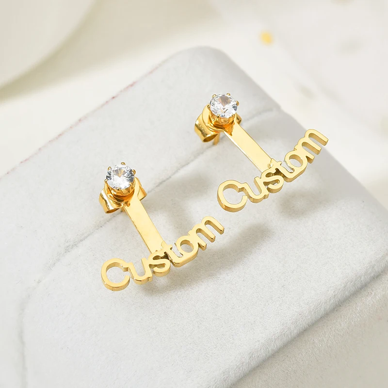 Customized Nameplate Heart Earring Personalized Stud Earrings With Stone Stud For Women Girl Trendy New Jewelry Birthday Gifts