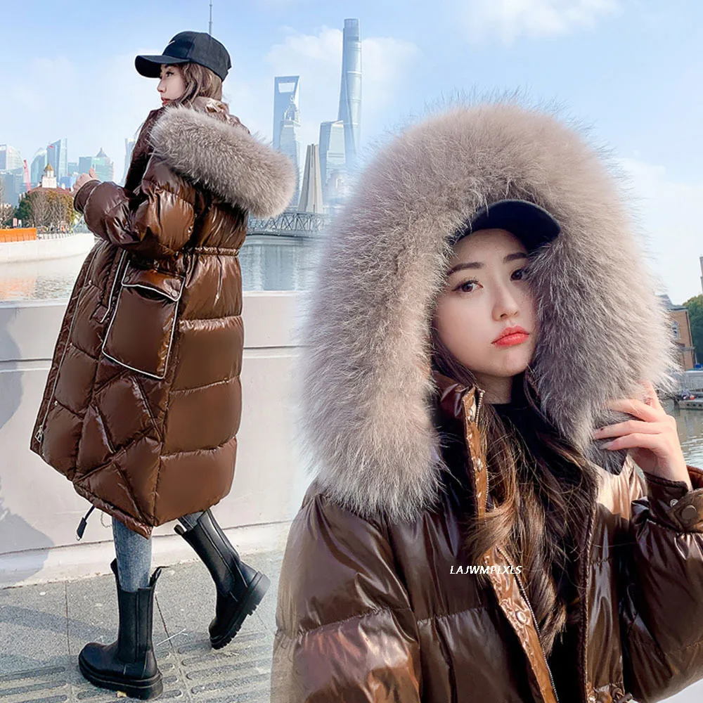 Luxury Brand Women\'s Winter 90% White Duck Down Jacket Real Raccoon Fur Collar Hooded Long Glossy Puffer Fluffy Feather Coat