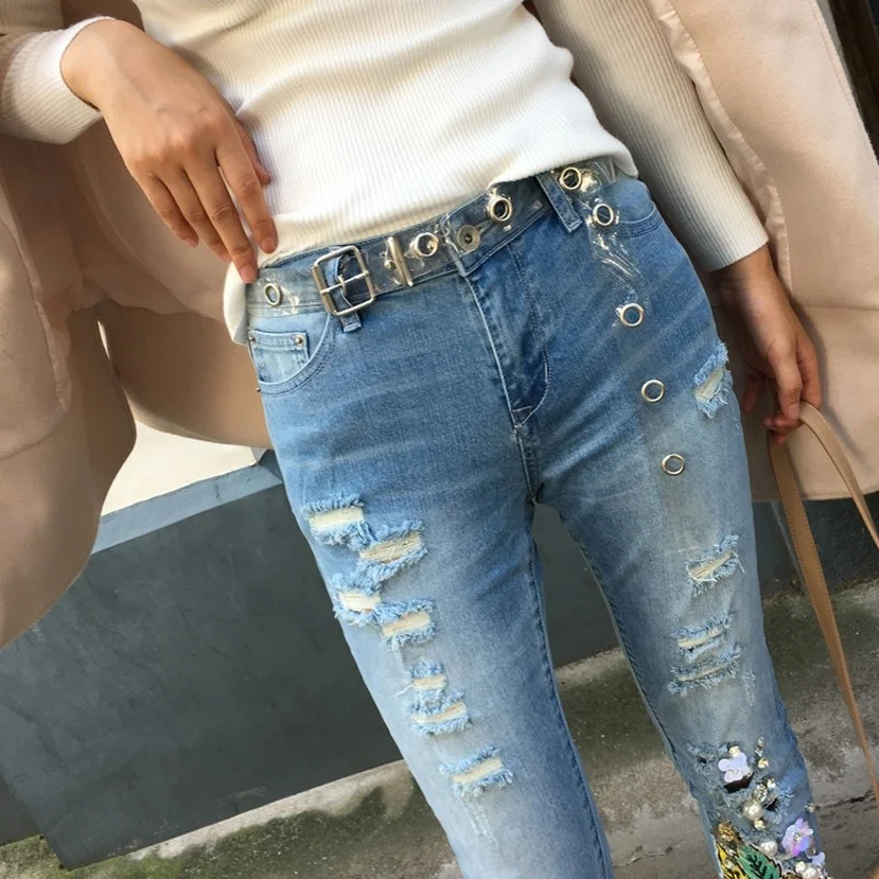 New Luxury Beading Jeans Woman Embroidery Flower Ankle-Length Ripped Pencil Pants Office Lady Street Stretch Denim Trouser