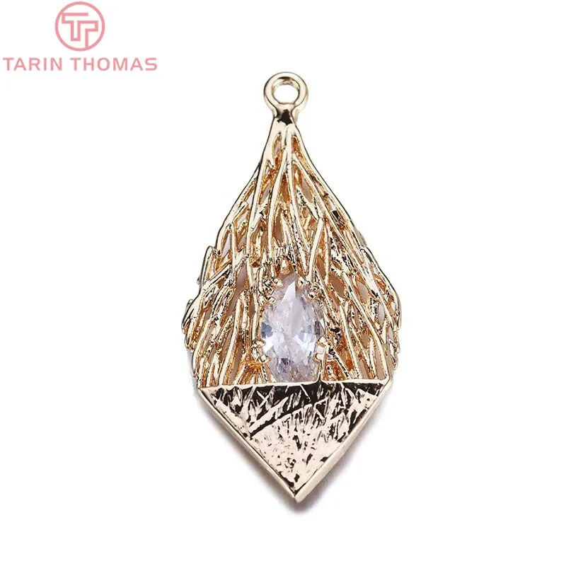 (581)4PCS 14x28MM 24K Gold Color Plated Brass with Zircon Drop Charms Pendants High Quality Diy Jewelry Accessories