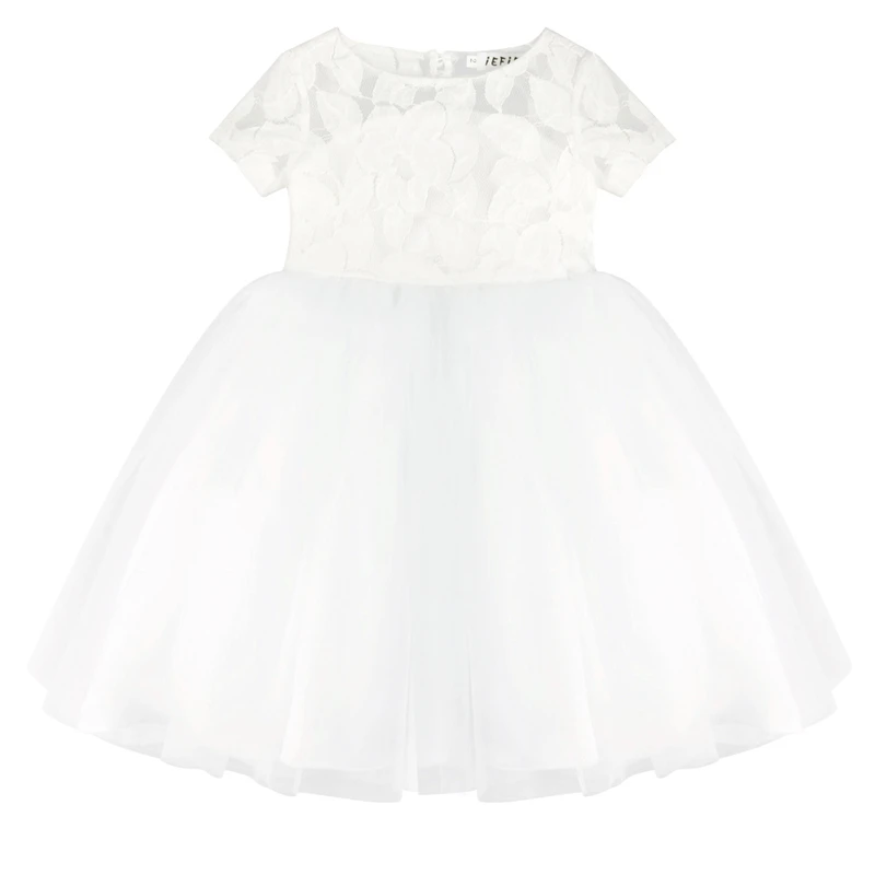 Flowers Short Sleeve White Baby Girl Dress Infant Toddler Summer Ball Gown Lace Christening Party Dresses Kids Girls Clothing